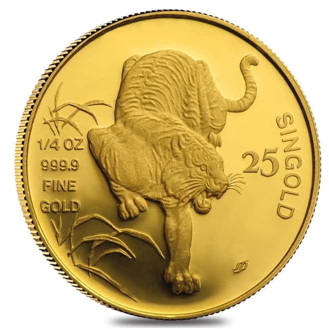 1986 1/4 oz Singapore 25 Singold Year of the Tiger Gold Proof-Like Coin (Sealed)