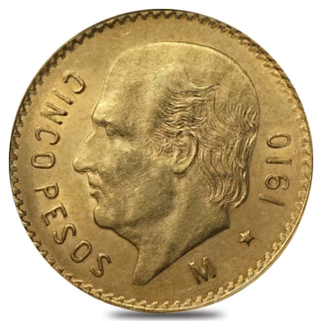 1910 Mexico 5 Pesos Gold Coin AU/BU AGW .1206 oz