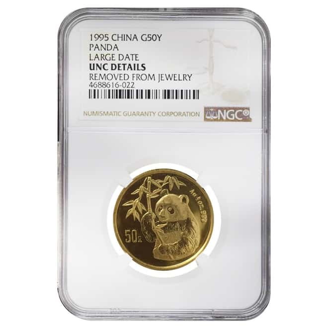 1995 1/2 oz Chinese Gold Panda 50 Yuan Large Date NGC UNC Details