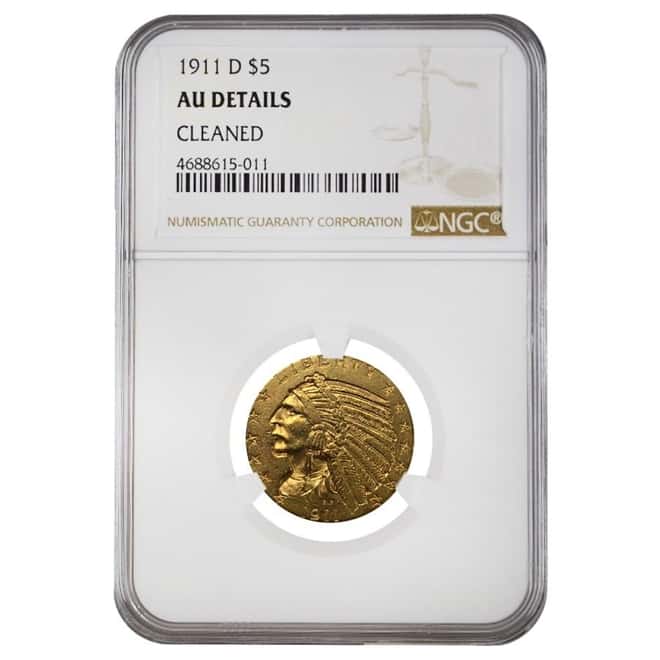 1911 D $5 Indian Head Half Eagle Gold Coin NGC AU Details