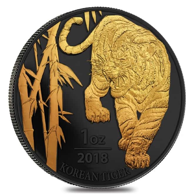 2018 1 oz South Korea Silver Tiger Medal Black Ruthenium 24K Gold Edition (w/Box & COA) 