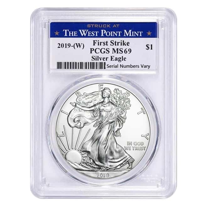 2019 (W) 1 oz Silver American Eagle $1 Coin PCGS MS 69 First Strike (West Point)
