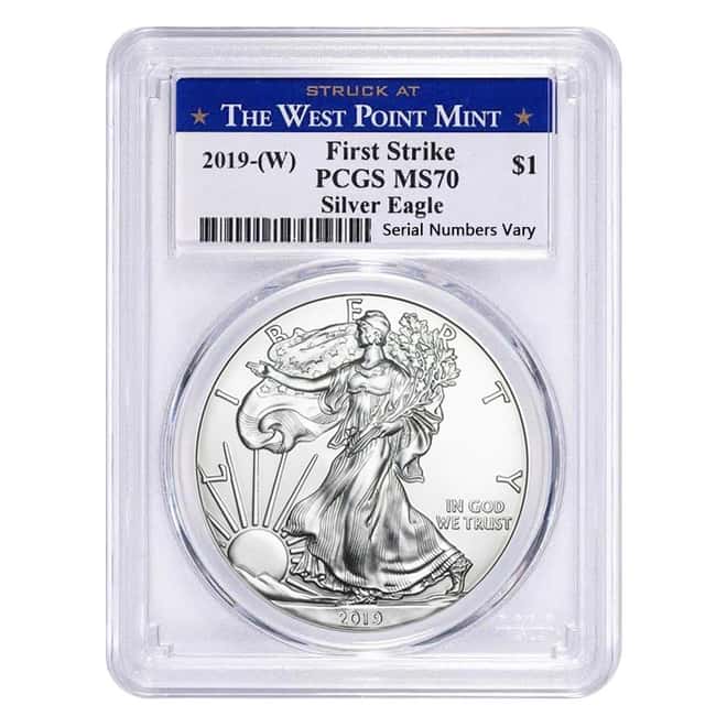 2019 (W) 1 oz Silver American Eagle $1 Coin PCGS MS 70 First Strike (West Point)