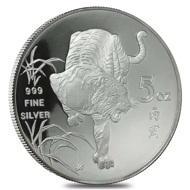 1986 5 oz Singapore Year of the Tiger Silver Proof Round In Cap