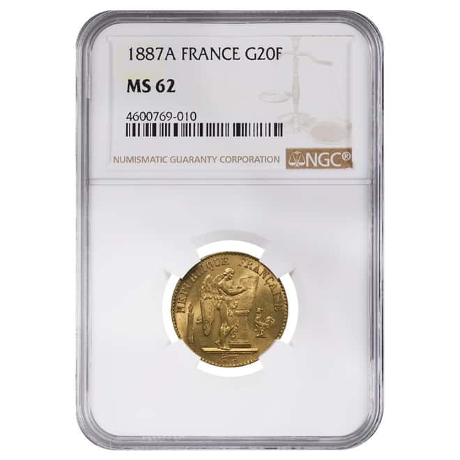 1887 A France Gold 20 Francs Lucky Angel NGC MS 62