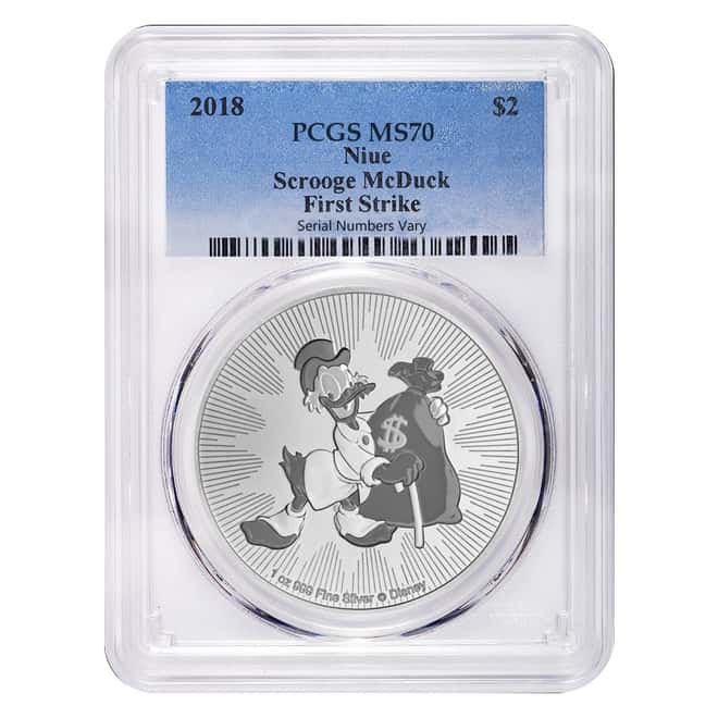 2018 1 oz Niue Silver $2 Disney Scrooge McDuck PCGS MS 70 First Strike1