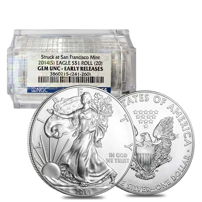 Roll of 20 - 2014 (S) 1 oz Silver American Eagle NGC Gem UNC Early Releases (Sealed Tube)