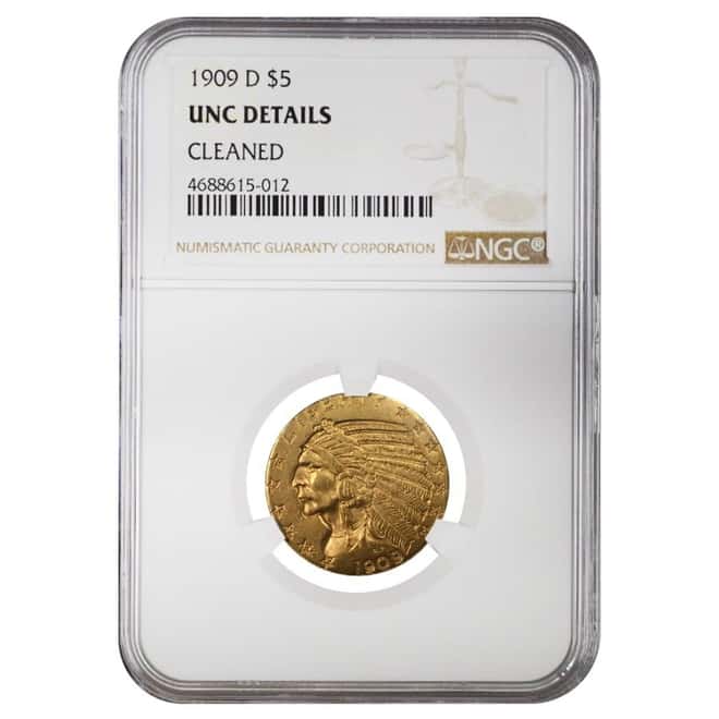 1909 D $5 Indian Head Half Eagle Gold Coin NGC UNC Details