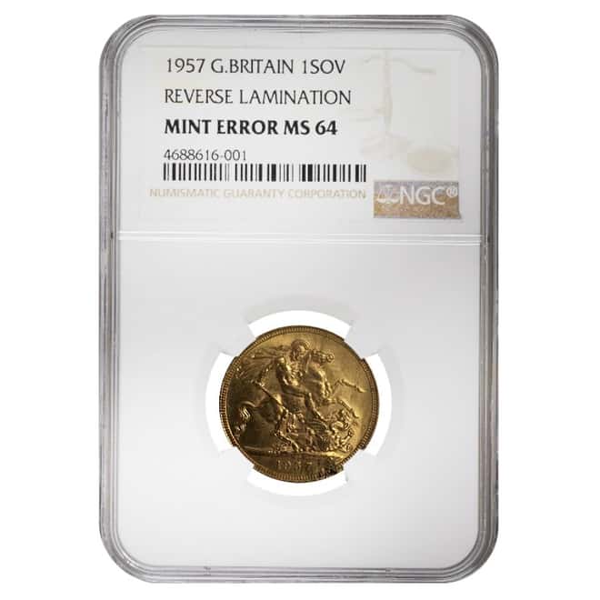 1957 Great Britain Gold Sovereign NGC MS 64 Mint Error
