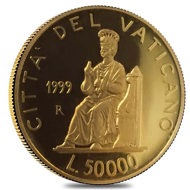 1999 Vatican City Pope John Paul II 50,000 Lire Proof Gold Coin AGW .2211 oz (w/Box and COA)