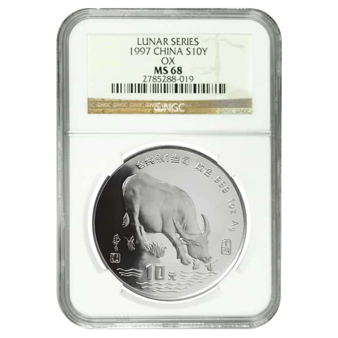 1997 1 oz Silver Chinese Year of the Ox 10 Yuan NGC MS 68