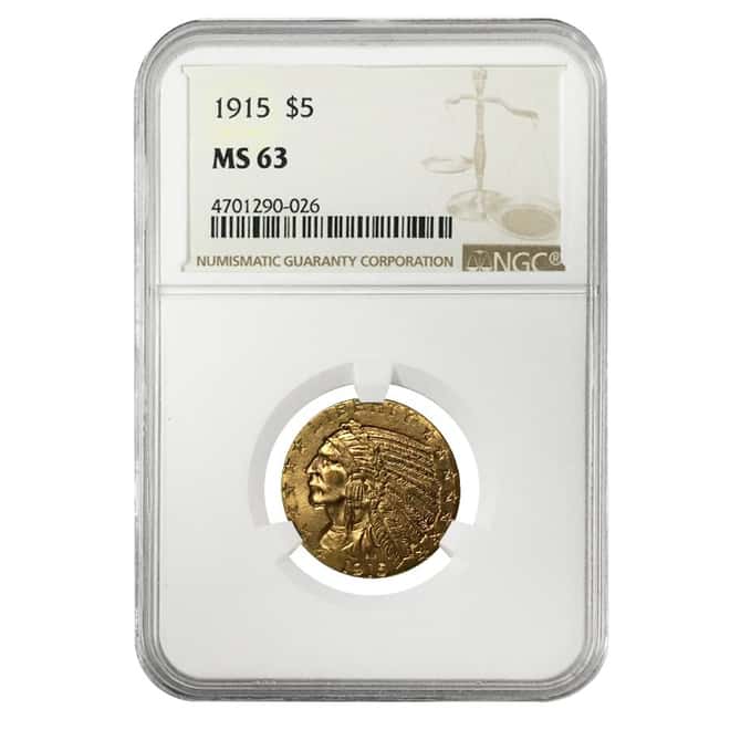 1915 $5 Indian Head Half Eagle Gold Coin NGC MS 63