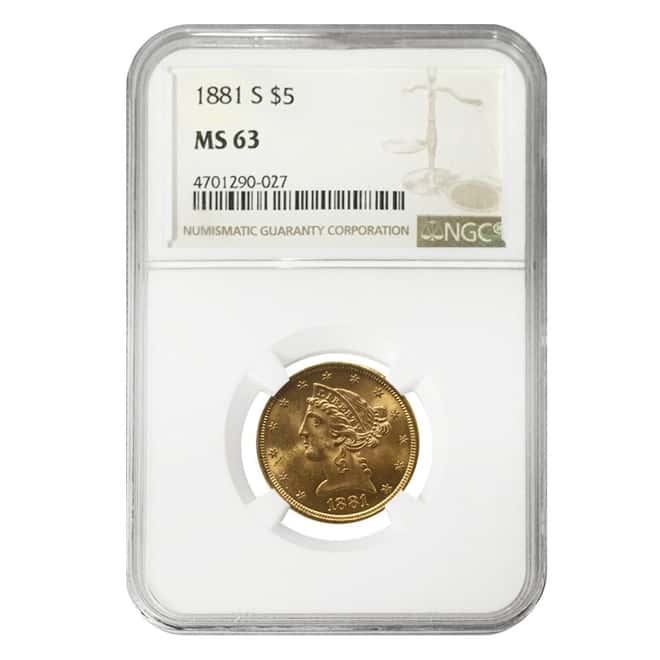 1881 S $5 Liberty Head Half Eagle Gold Coin NGC MS 63