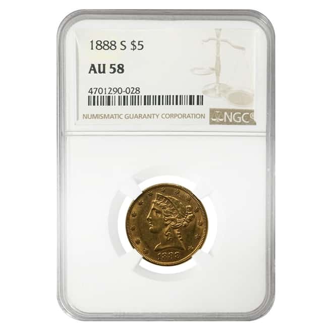 1888 S $5 Liberty Head Half Eagle Gold Coin NGC AU 58