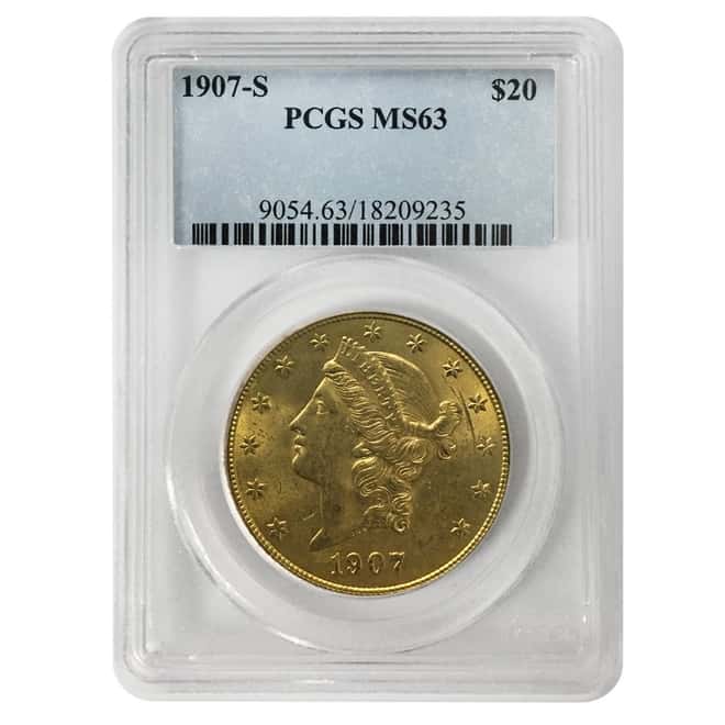 1907 S $20 Liberty Head Double Eagle Gold Coin PCGS MS 63