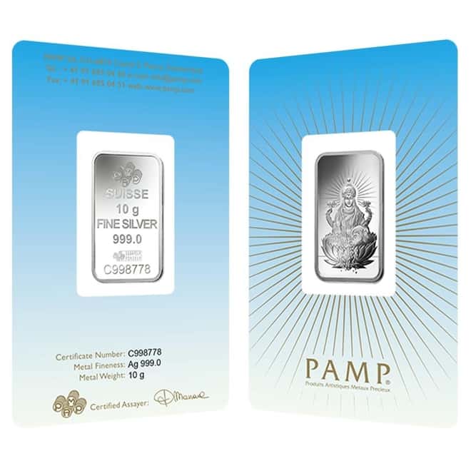 10 gram PAMP Suisse Silver Bar - Lakshmi (in Assay) .999 Fine 