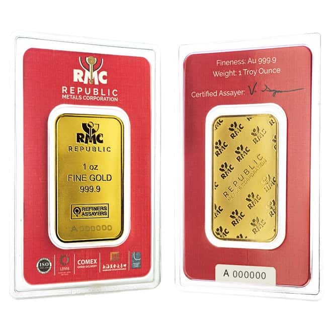 1 oz Republic Metals (RMC) Gold Bar .9999 Fine (In Assay)