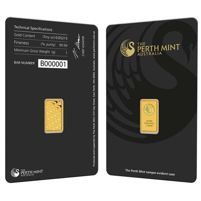 1 gram Perth Mint Gold Bar .9999 Fine (In Assay)