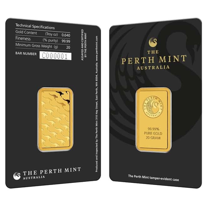 20 gram Perth Mint Gold Bar .9999 Fine (In Assay)