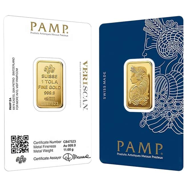 1 Tola Gold Bar PAMP Suisse Lady Fortuna Veriscan .9999 Fine (In Assay)