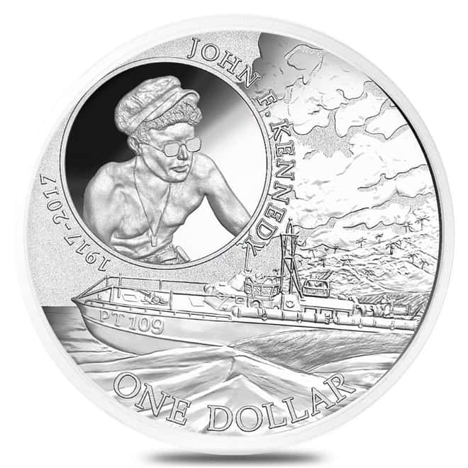 2017 1 oz Silver John F. Kennedy JFK Solomon Islands $1 Coin .999 Fine (In Cap) - 100th Anniv. JFK PT109