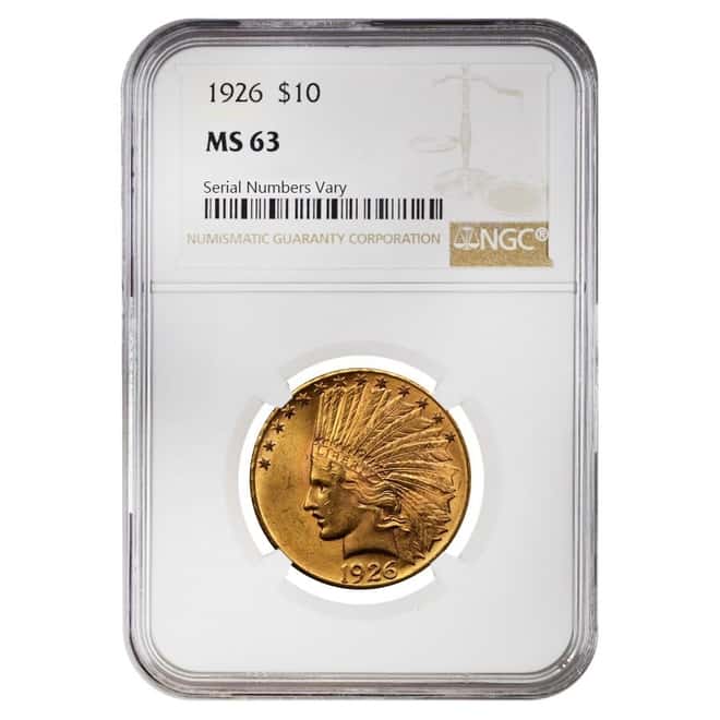 1926 $10 Indian Head Gold Eagle Coin NGC MS 63