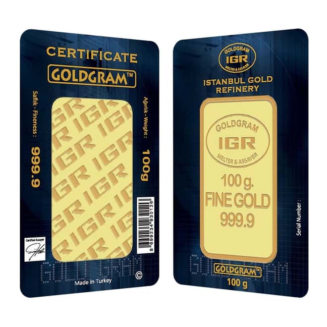 100 gram Istanbul Gold Refinery (IGR) Bar .9999 Fine (In Assay)