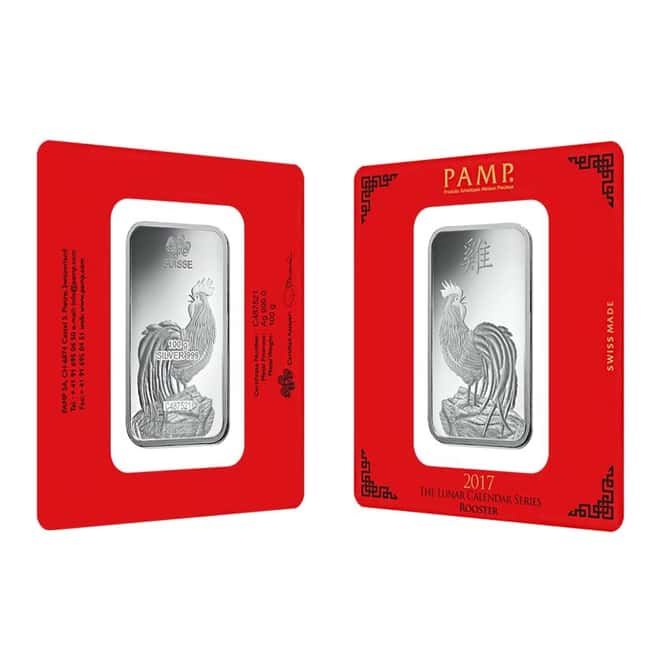 100 gram PAMP Suisse Year of the Rooster Silver Bar (In Assay)