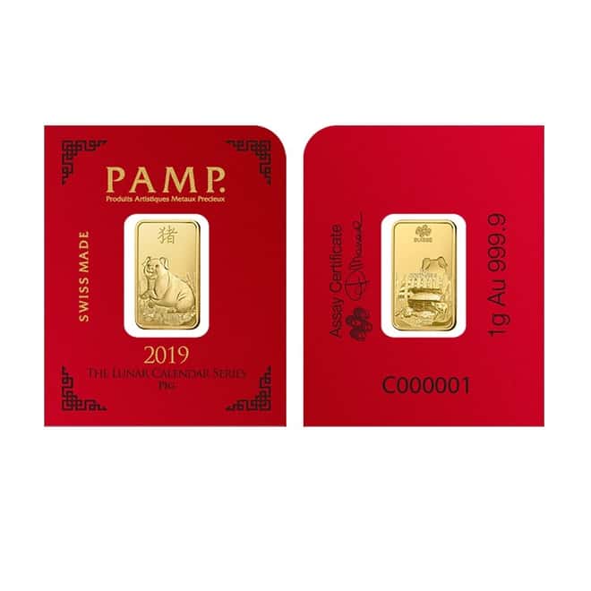1 gram Gold Bar - PAMP Suisse Lunar Pig .9999 Fine (In Assay from Multigram+8)