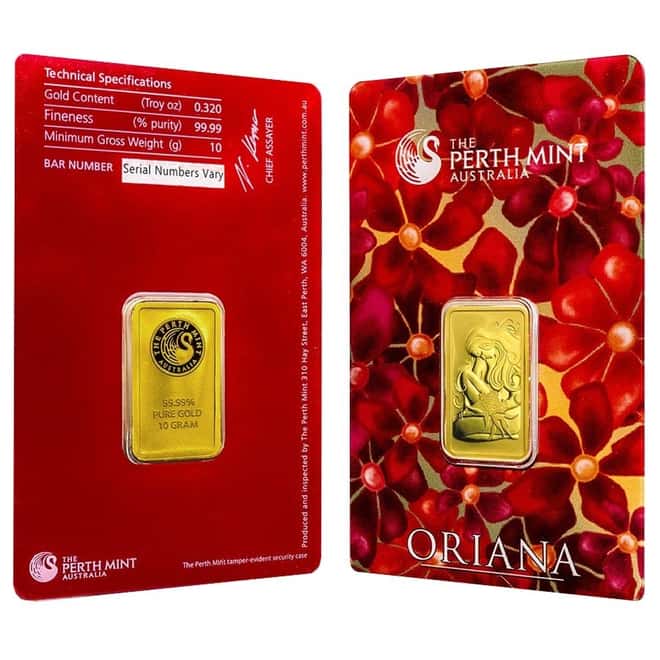 10 gram Perth Mint Oriana Design Gold Bar .9999 Fine (In Assay)