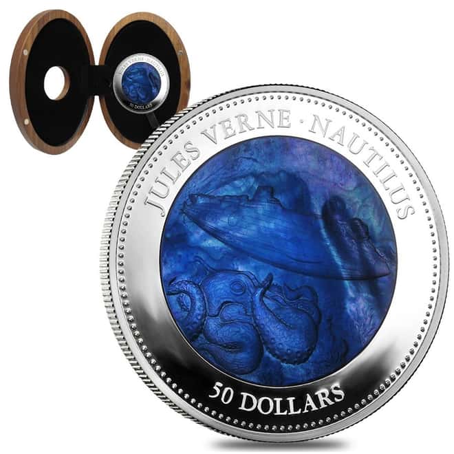 2014 5 oz Cook Islands Proof Silver Mother of Pearl Jules Verne Nautilus $50 Coin (w/Box)