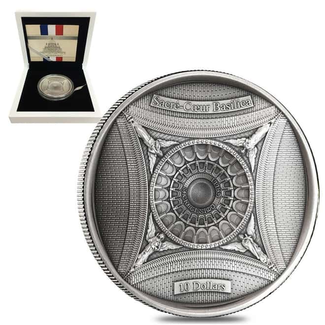 2018 100 gram Silver Solomon Islands Sacré-Coeur Basilica $10 Coin .999 Fine (Antiqued, w/Box&COA)