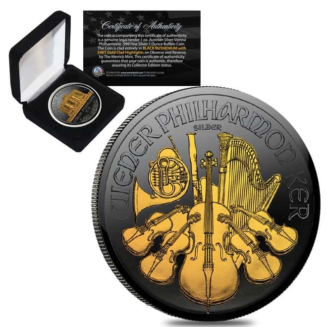 2018 1 oz Austrian Silver Philharmonic Coin Black Ruthenium 24K Gold Edition (w/Box & COA) 