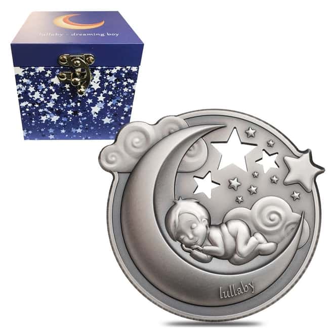 2018 1 oz Cook Islands Lullaby Dreaming Boy High Relief Antiqued Silver Coin $5 .999 Fine (w/Box&COA)