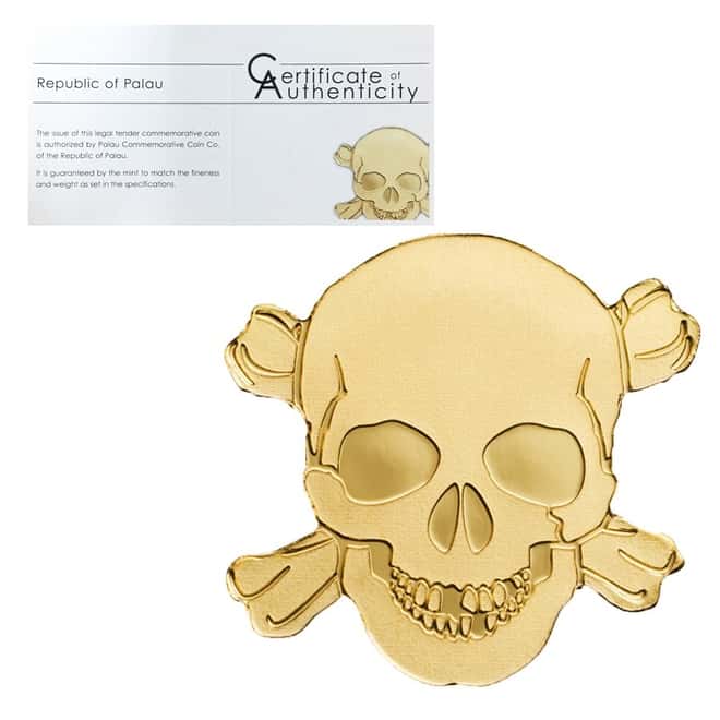 2017 1/2 Gram Palau Pirate Skull Gold Coin $1 .9999 Fine BU (w/COA)