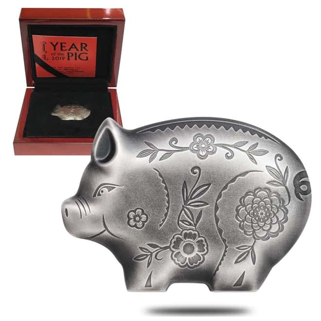 2019 1 oz Mongolia Jolly Pig High Relief Antiqued Silver Coin 1000 Togrog .999 Fine