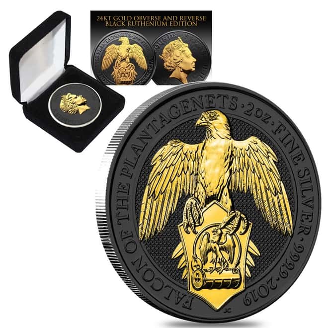 2019 Great Britain 2 oz Silver Queen's Beasts (Falcon) Coin .9999 Fine Black Ruthenium 24K Gold Edition (w/Box & COA)