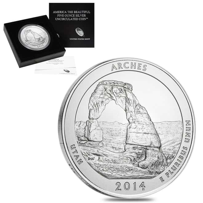 2014-P 5 oz Silver America the Beautiful ATB Utah Arches National Park Uncirculated Coin (w/Box & COA)