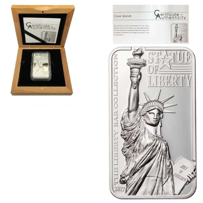2017 2 oz Cook Islands Statue of Liberty Proof Silver Bar Coin $10 .999 Fine (w/Box&COA)