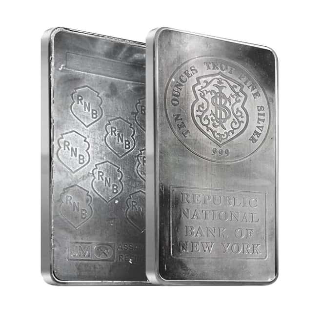 10 oz Johnson Matthey Republic National Bank Silver Vintage Bar .999 Fine