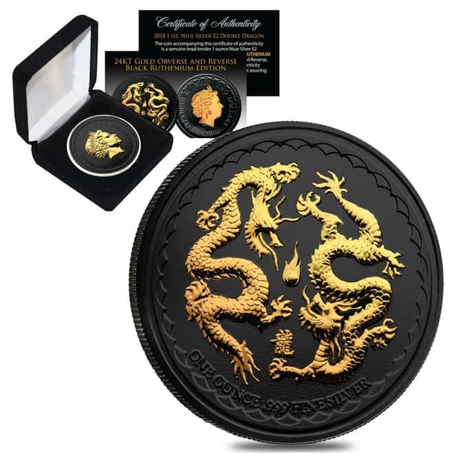 2018 1 oz Niue Silver $2 Double Dragon Black Ruthenium 24K Gold Edition (w/Box & COA)