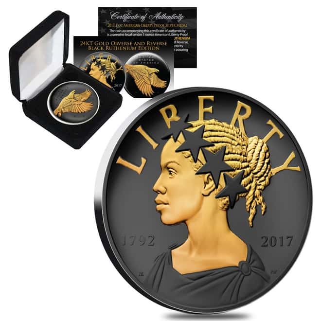 2017 S 1 oz American Liberty Proof Silver Medal .9999 Fine Black Ruthenium 24K Gold Edition (w/Box & COA) 