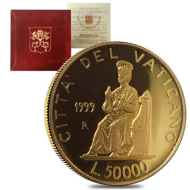 1999 Vatican City Pope John Paul II 50,000 Lire Proof Gold Coin AGW .2211 oz (w/Box and COA)