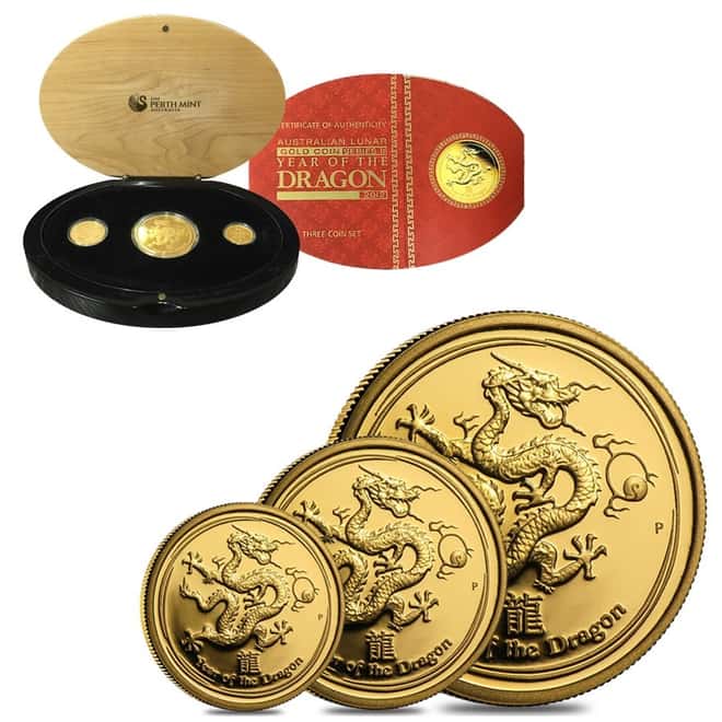 2012 1.35 oz Proof Gold Lunar Year of The Dragon Australia Perth Mint 3-Coin Set (w/Box & COA)