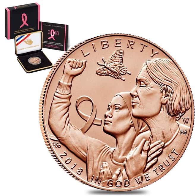 2018 W Breast Cancer Awareness $5 Burnished Gold Commemorative (w/Box & COA)