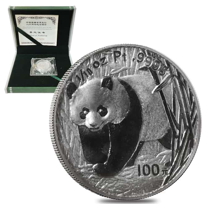 2002 1/10 oz Platinum Chinese Panda 100 Yuan 20th Anniv Commemorative (w/Box & COA)