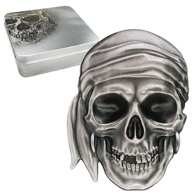 2017 1 oz Palau Pirate Skull High Relief Antiqued Silver Coin $5 .999 Fine (w/Box)
