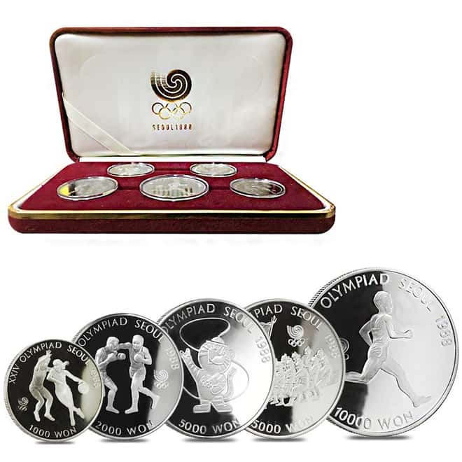 1988 2 oz Silver Korea Seoul Olympics Commemorative Proof 5 Coin Set (w/Box)