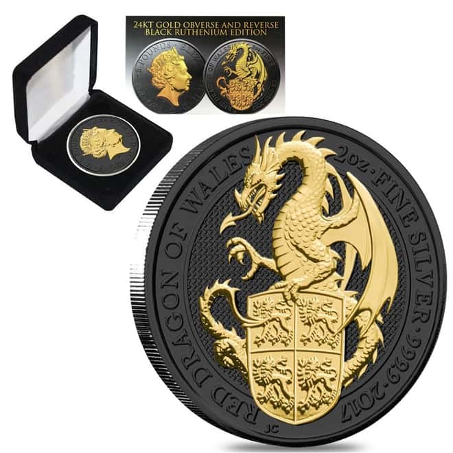 2017 Great Britain 2 oz Silver Queen's Beast (Red Dragon) Coin .9999 Fine Black Ruthenium 24K Gold Edition (w/Box & COA) 