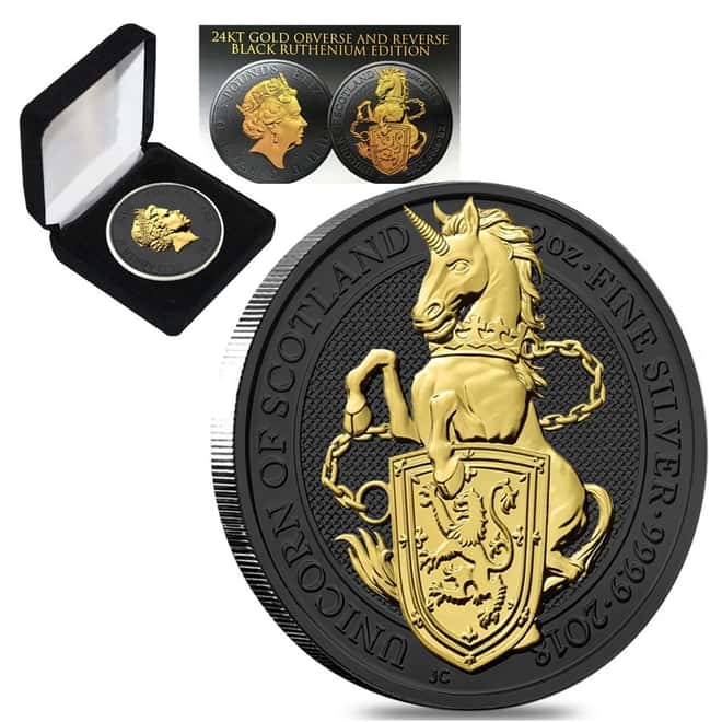 2018 Great Britain 2 oz Silver Queen's Beast (Unicorn) Coin .9999 Fine Black Ruthenium 24K Gold Edition (w/Box & COA)